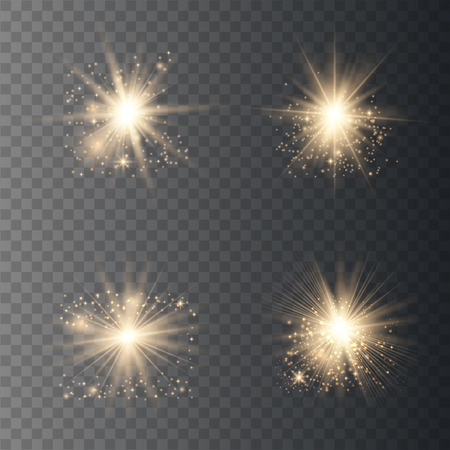 Set of golden glowing lights effects. Sens flare, explosion, glitter, line, sun flash, spark and starsのイラスト素材