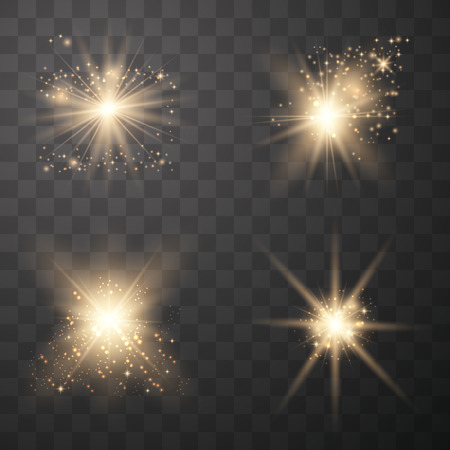 Set of golden glowing lights effects. Sens flare, explosion, glitter, line, sun flash, spark and starsのイラスト素材