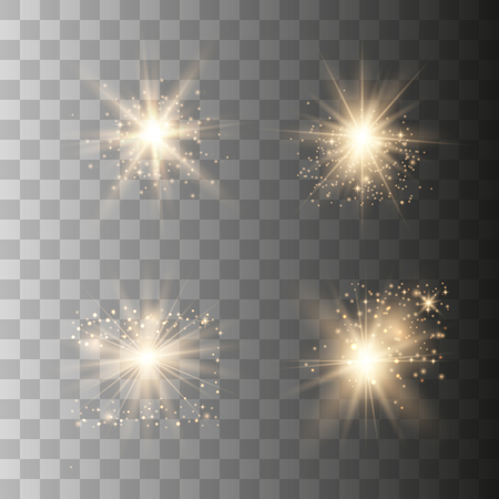 Set of golden glowing lights effects. Sens flare, explosion, glitter, line, sun flash, spark and starsのイラスト素材