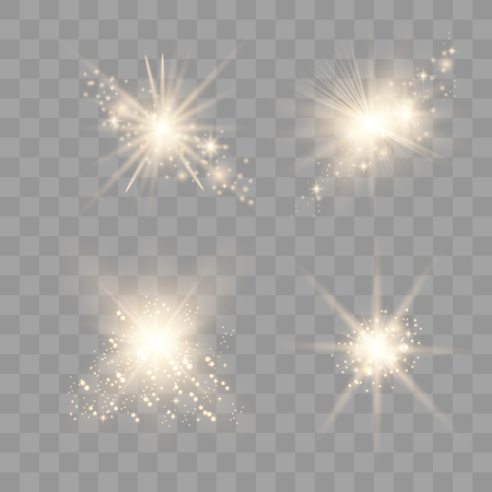 Set of golden glowing lights effects. Sens flare, explosion, glitter, line, sun flash, spark and starsのイラスト素材