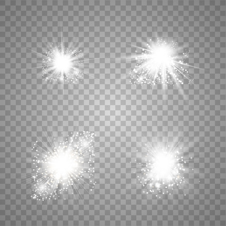 Set of white Glowing Light Stars with Sparkles. Sens flare, explosion, glitter, line, sun flash, spark and starsのイラスト素材