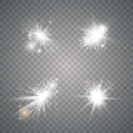 Set of white Glowing Light Stars with Sparkles. Sens flare, explosion, glitter, line, sun flash, spark and starsのイラスト素材