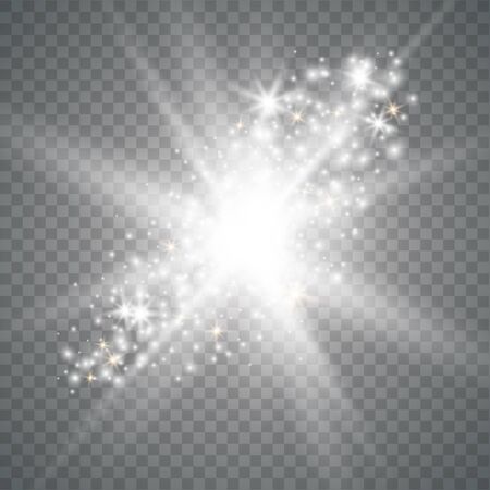 White glowing light explodes on a transparent background. Sparkling magical dust particles. Bright Star. Transparent shining sun, bright flash.のイラスト素材