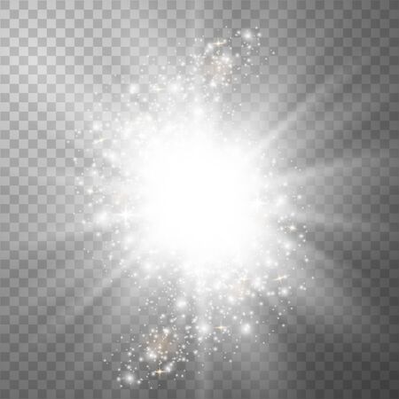 Glow light effect. Star burst with sparkles. Special effect isolated on transparent background.のイラスト素材