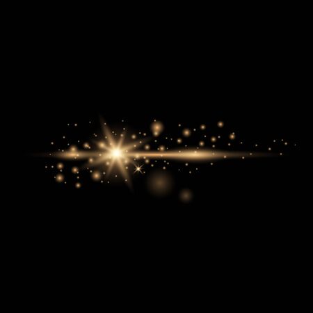 The dust sparks and golden stars shine with special light. Vector sparkles on a transparent background. Sparkling magical dust particles.のイラスト素材