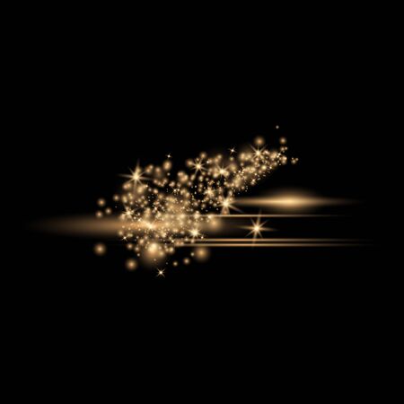 The dust sparks and golden stars shine with special light. Vector sparkles on a transparent background. Sparkling magical dust particles.のイラスト素材