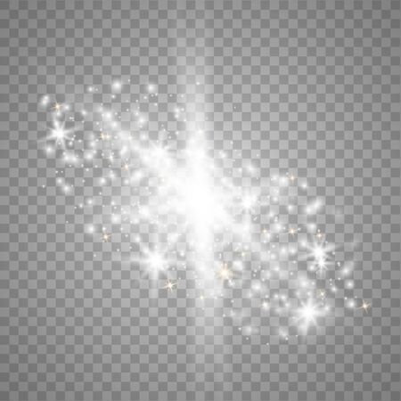 White glowing light explodes on a transparent background. Sparkling magical dust particles. Bright Star. Transparent shining sun, bright flash.のイラスト素材