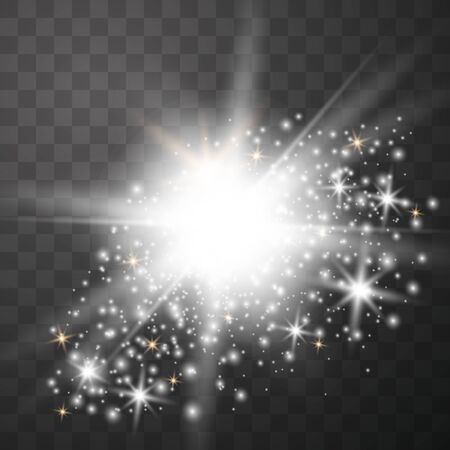 White glowing light explodes on a transparent background. Sparkling magical dust particles. Bright Star. Transparent shining sun, bright flash.のイラスト素材