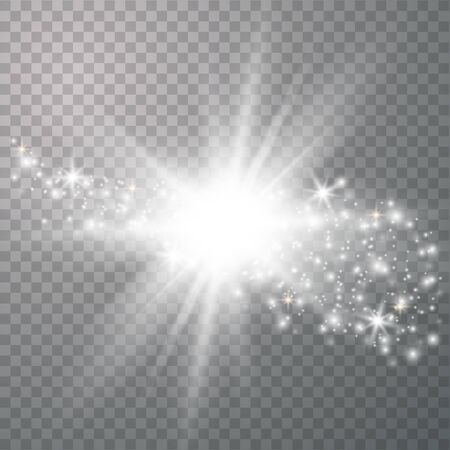 White glowing light explodes on a transparent background. Sparkling magical dust particles. Bright Star. Transparent shining sun, bright flash.のイラスト素材