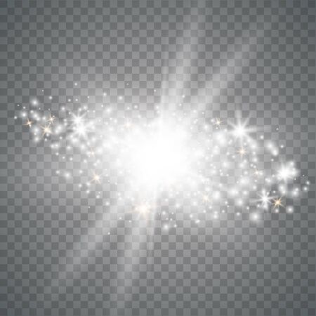 White glowing light explodes on a transparent background. Sparkling magical dust particles. Bright Star. Transparent shining sun, bright flash.のイラスト素材