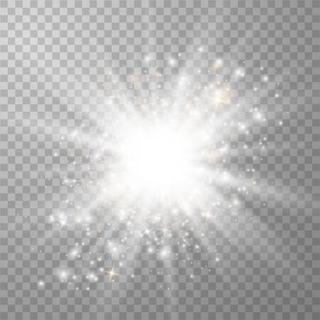 Glow light effect. Star burst with sparkles. Special effect isolated on transparent background.のイラスト素材