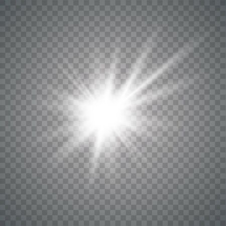 White glowing light explodes on a transparent background. with ray. Transparent shining sun, bright flash.Glow light effect. Star burst with sparkles.のイラスト素材