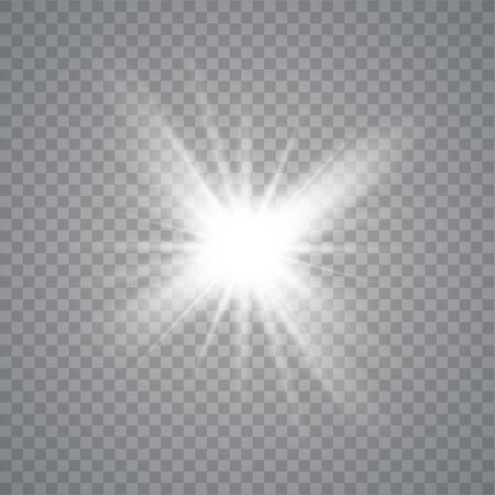 White glowing light explodes on a transparent background. with ray. Transparent shining sun, bright flash.Glow light effect. Star burst with sparkles.のイラスト素材