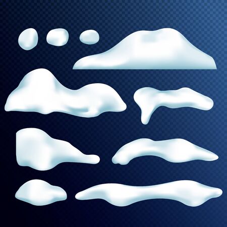 Vector set of snow caps, icicles, snowballs and snowdrift isolated on transparent background. Vector illustration. Winter decorations. Game art elements. Christmas, snow texture, white elements.のイラスト素材