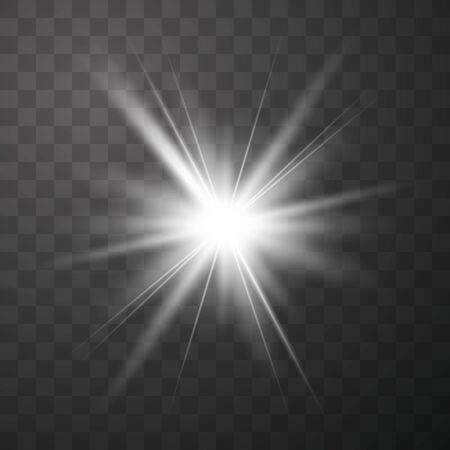 White glowing light explodes on a transparent background. with ray. Transparent shining sun, bright flash.Glow light effect. Star burst with sparkles.のイラスト素材