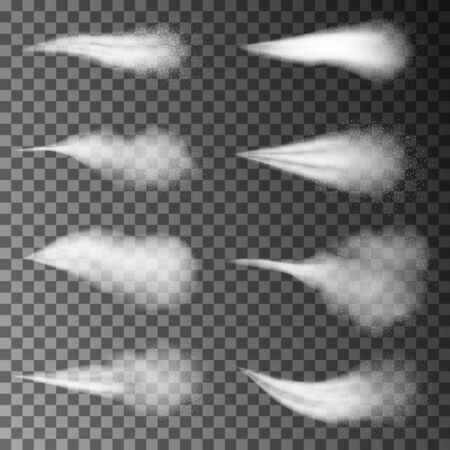 Water spray white smoke or fog dust and dots, mist of atomizer.  Effect with spray or stream nozzles ,cosmetic design. 3d elements vector illustration.のイラスト素材