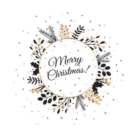 Merry Christmas lettering with wreath decoration of leaves. Merry Christmas Vector Text Background.のイラスト素材