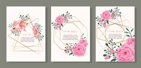 Set of card with flower rose, leaves. Wedding ornament concept. Floral poster, invite. Floral poster, invite. Vector decorative greeting card, invitation design backgroundのイラスト素材