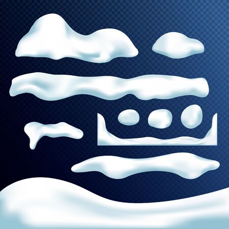 Vector set of snow caps, icicles, snowballs and snowdrift isolated on transparent background. Vector illustration. Winter decorations. Game art elements. Christmas, snow texture, white elements.のイラスト素材