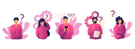 Vector illustration of color people profile with question marks talk bubbles.のイラスト素材