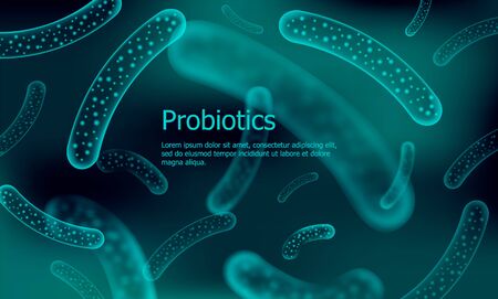 Bacteria 3D low poly render probiotics. Healthy normal digestion flora of human intestine yoghurt production. Modern science technology medicine allergy immunity thearment. Science background.のイラスト素材