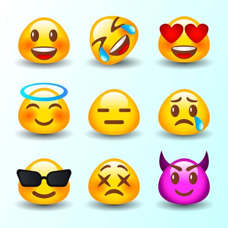 Abstract funny flat style emoji emoticon reactions color icon set. Vector collection.のイラスト素材