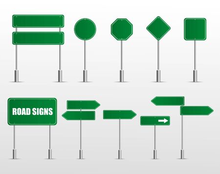 Green road signs blank icons. Vector green plate road signs templates for direction.のイラスト素材