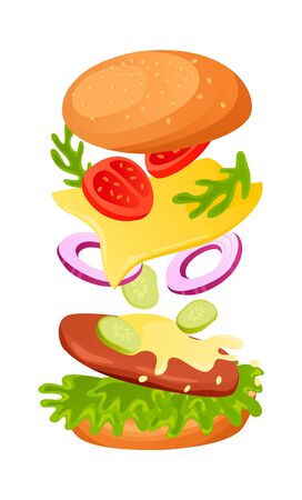 Burger with Chees. Template on isolated background. Can be used for ads or in Restaurant banner. Vector illustrationのイラスト素材