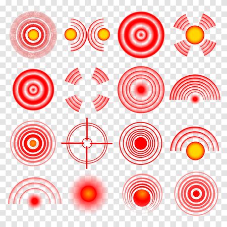 A set of pain circles, red rings. The symbol of pain on the body and joints. Vector illustration のイラスト素材