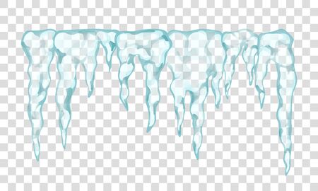 Realistic 3d Icicles. Snow cap, icy icicles isolated on transparent background. Vector illustrationのイラスト素材