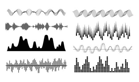 Set of waving, vibration and pulsing lines. Graphic design elements for financial monitoring, medical equipment, music app. Vector illustration.のイラスト素材