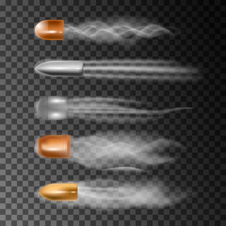 Realistic bullet flies. Smoke traces isolated on transparent background.のイラスト素材