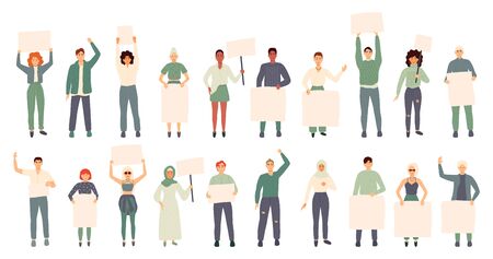 Crowd of protesting people holding banners and placards. Men and women taking part in political meeting, parade or rally. Group of male and female protesters or activists. Vector illustration.のイラスト素材