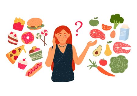 Woman chooses between fast food and healthy live food. Diet concept. Flat vector illustration.のイラスト素材