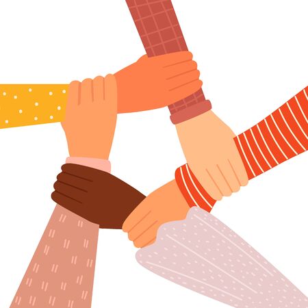 Concept of team work. Friends with stack of hands showing unity and teamwork, top view. People putting their hands together. Flat cartoon vector illustration.のイラスト素材