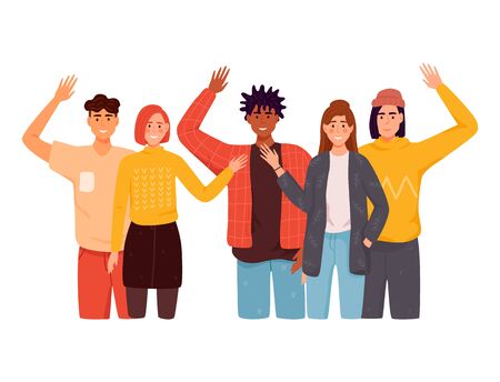 People greet gesture flat vector illustration set. People wave hello. Men, women in casual wear say hello.のイラスト素材