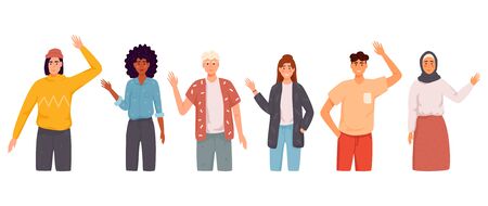 People greet gesture flat vector illustration set. People wave hello. Men, women in casual wear say hello.のイラスト素材