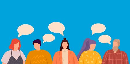 Group of people discuss social media news. Template for web design, banner, mobile app, landing page and infographics.のイラスト素材