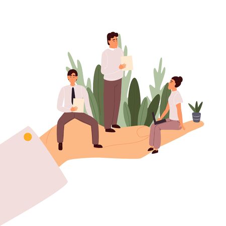 Giant hands holding tiny office workers. Template for web design, banner, mobile app. Flat cartoon vector illustrationのイラスト素材