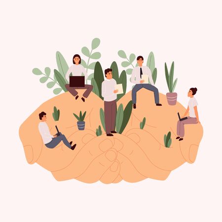 Giant hands holding tiny office workers. Template for web design, banner, mobile app, landing page and infographics. Flat cartoon vector illustrationのイラスト素材