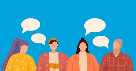 Group of people discuss social media news. Vector illustration, flat style, dialogue speech bubblesのイラスト素材
