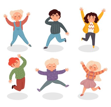 Vector illustration with simple flat characters - happy smiling kids playing together and jumping - children party invitation or greeting card design templateのイラスト素材
