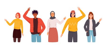 Group of smiling young people or student standing together, embracing each other, waving hands. Happy flat cartoon people characters isolated on white background.のイラスト素材
