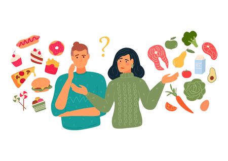 People chooses between fast food and healthy, lively food. Diet concept. People with a balanced diet, menu, diet.のイラスト素材