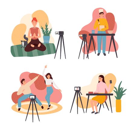 Collection of young men and women demonstrating their skills or teaching through internet. blogger promotion services and goods for her followers online. Colorful vector illustration in flat cartoon style.のイラスト素材