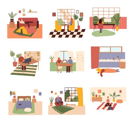 Bundle of young men and women spending weekend at home. Men and women with mobile phones, Flat cartoon colorful vector illustration.のイラスト素材