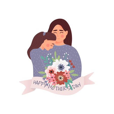 Vector Illustration Of Mother Holding Baby Son In Arms. Happy Mothers Day Greeting Card.のイラスト素材