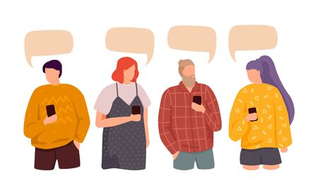 Flat design social network communication vector concept illustration of group of people chatting with speech bubbles.のイラスト素材