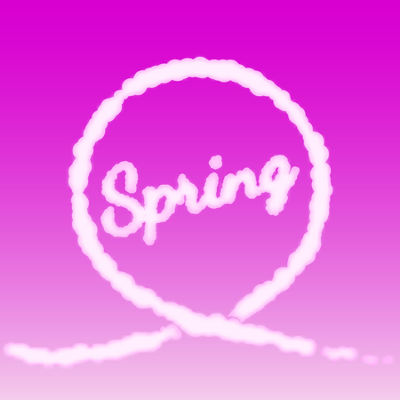 Inscription "Spring" stylized under clouds. Vector Illustration.のイラスト素材