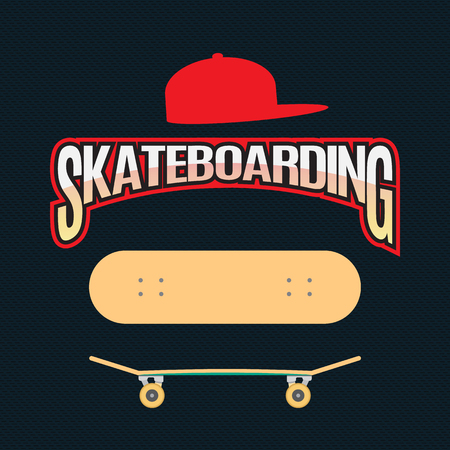Inscription skateboarding executed in the form of an arch and also baseball cap and skateboard. Skateboard typography. Vector illustration.のイラスト素材